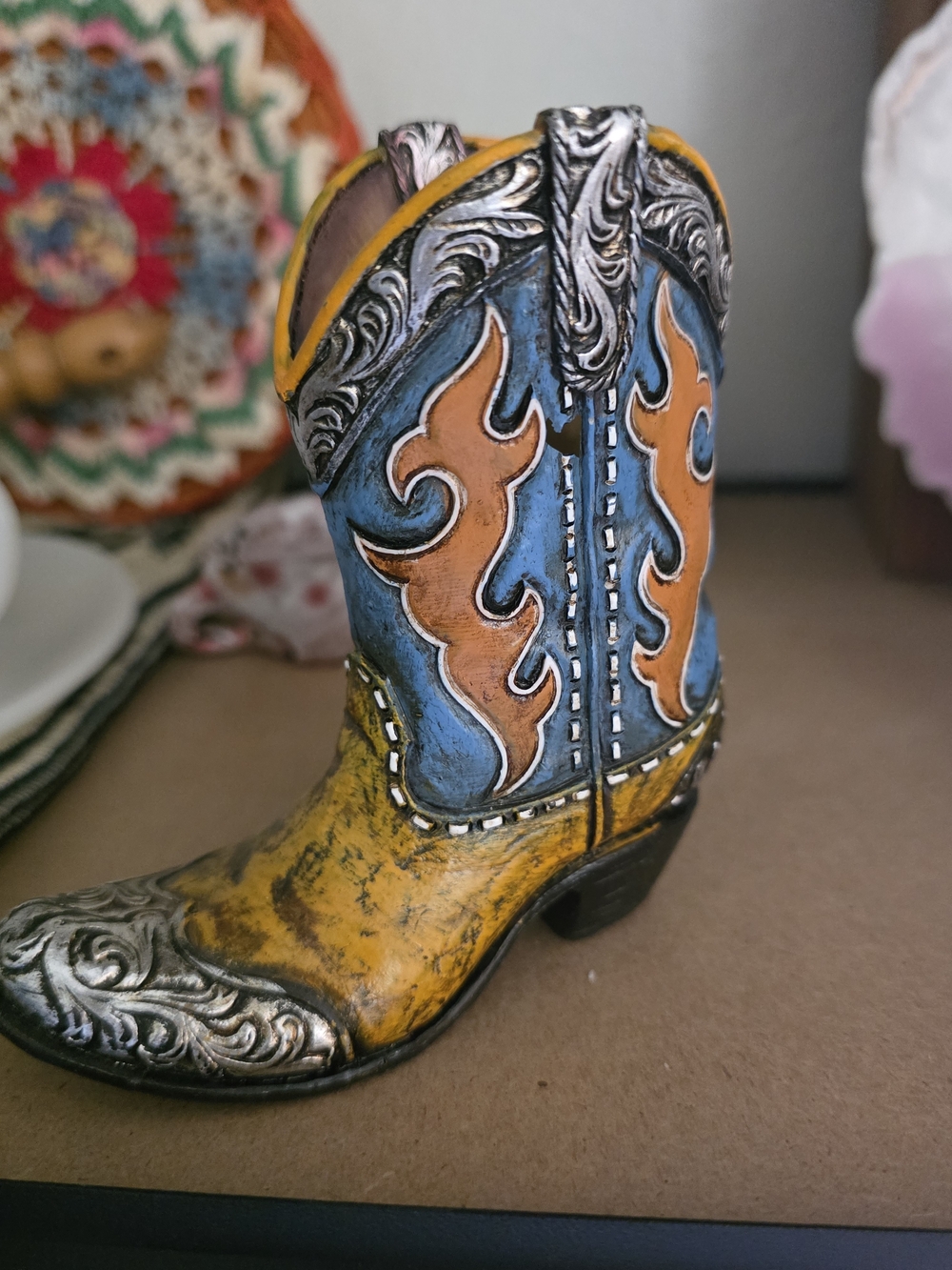 Decorative Yellow & Blue Cowboy Boot Accent - Home Accent